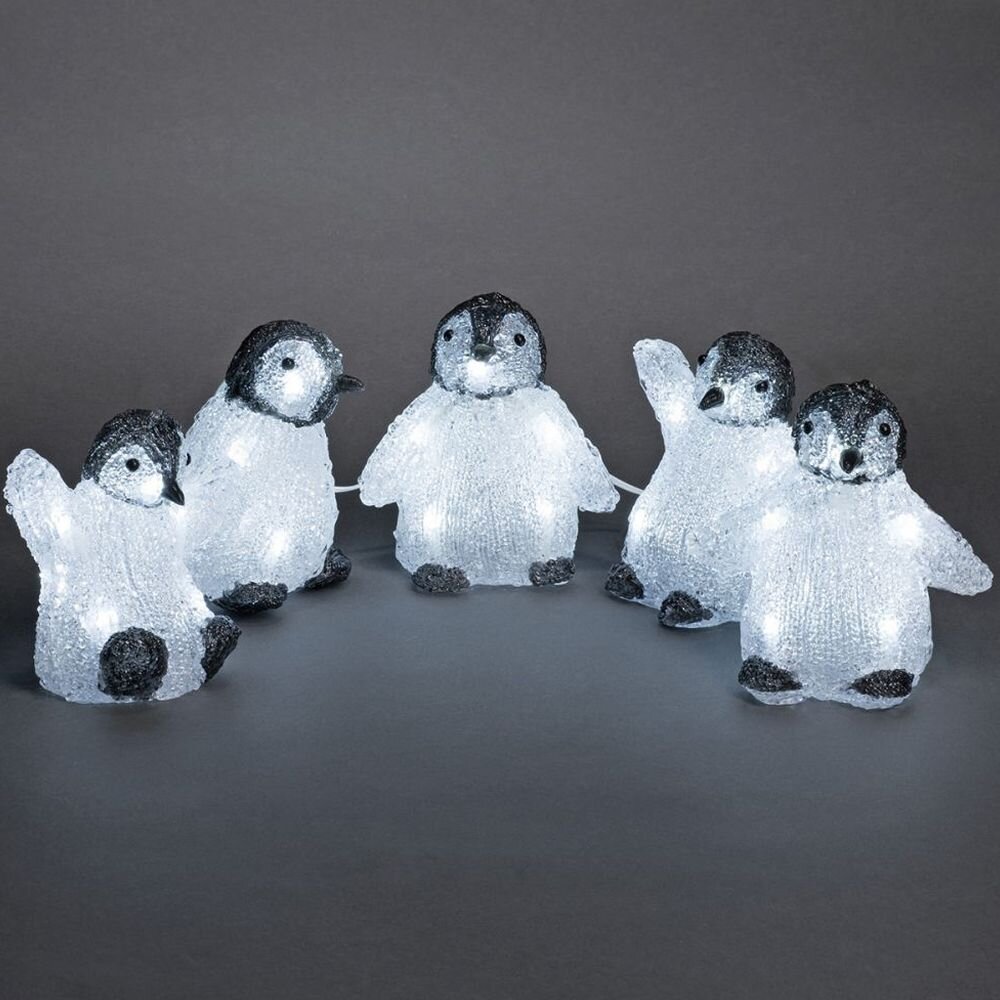 LED Acryl Babypinguine, 5er-Set, 40 kalt weiße Dioden, 24V Außentrafo, weißes Kabel