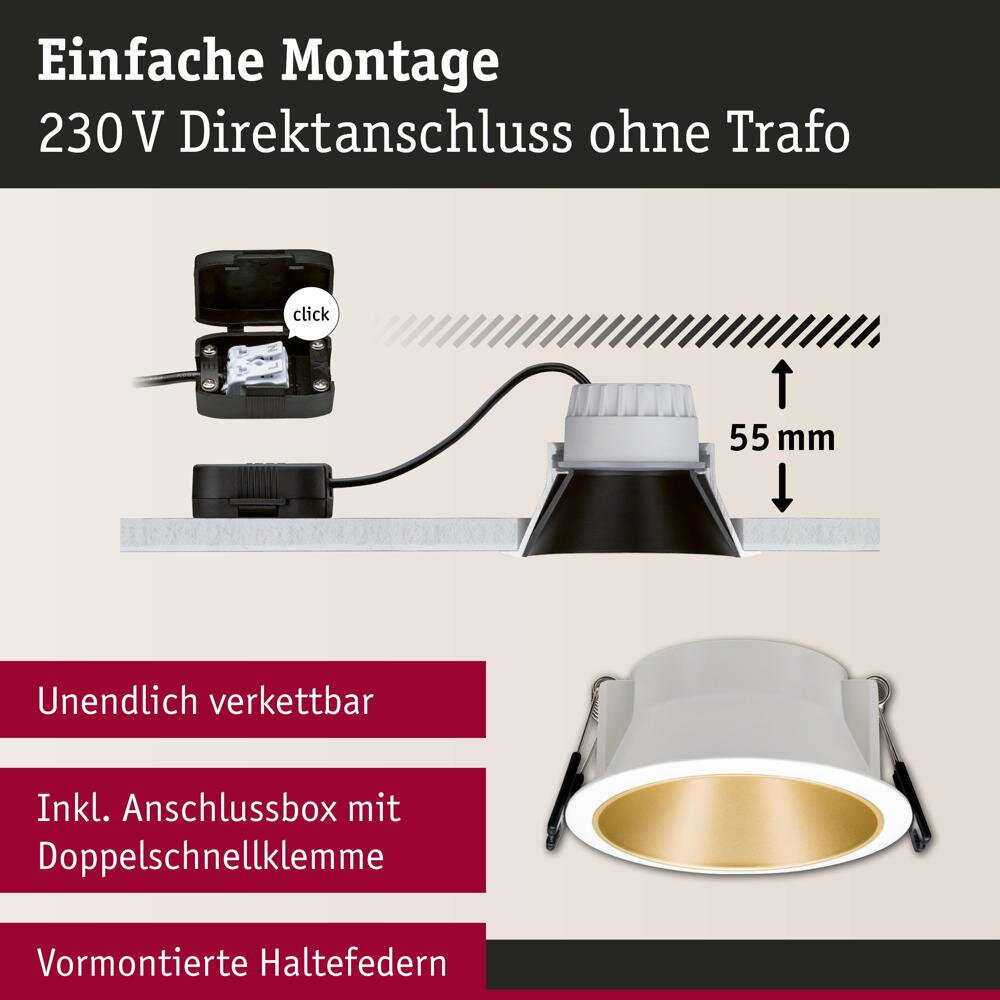 LED Deckeneinbaustrahler Coin 6,5W 460lm IP44 1-er Set in Weiß und Gold-mat günstig online kaufen