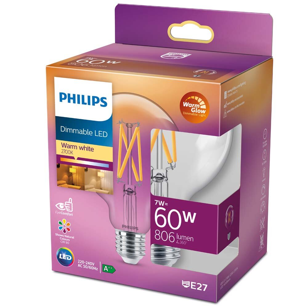 Philips WarmGlow LED Filament Lampe ersetzt 60W E27 Globe - G93 7W 806lm 27 günstig online kaufen