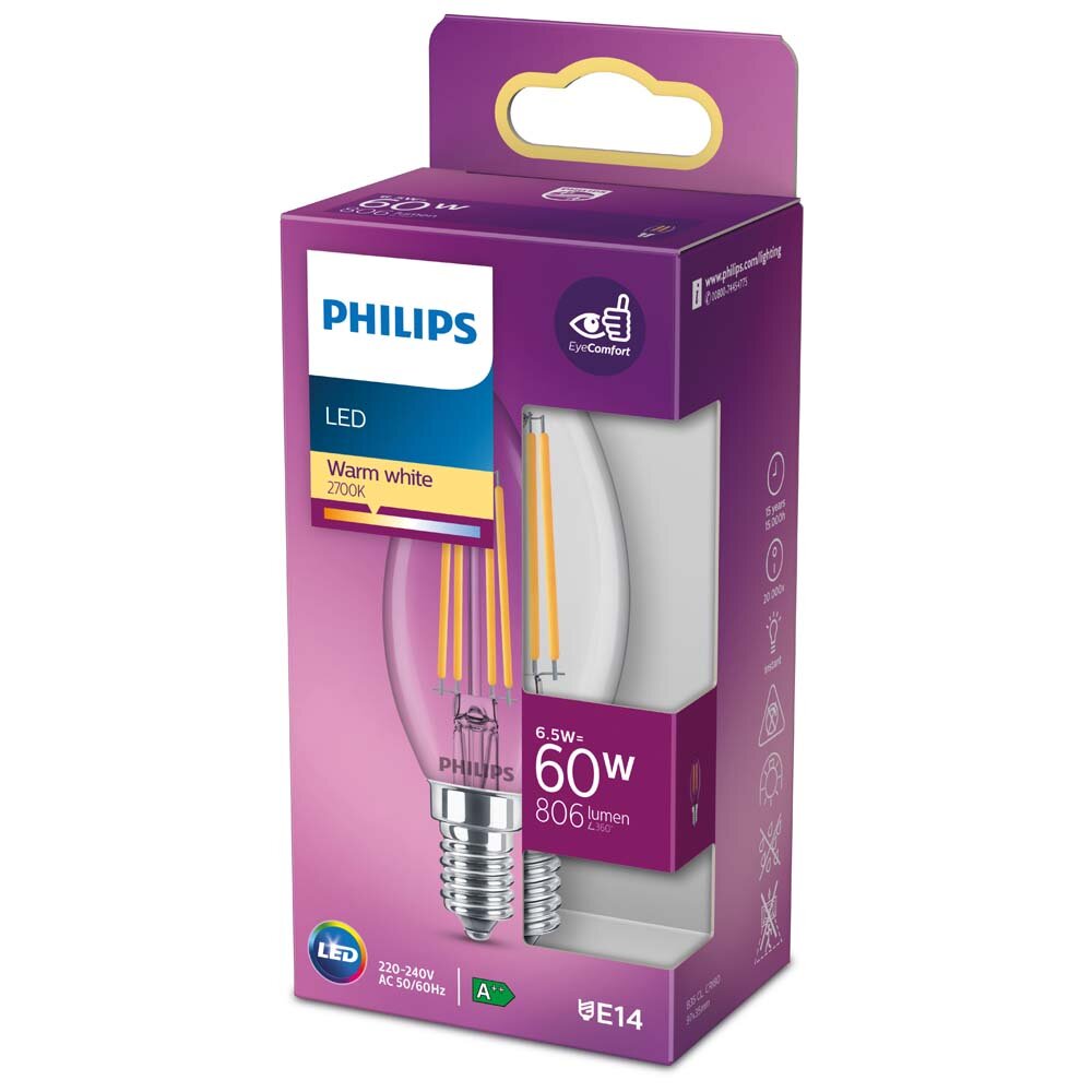 Philips Classic LED-Lampe E14 B35 6,5W 2.700K klar günstig online kaufen