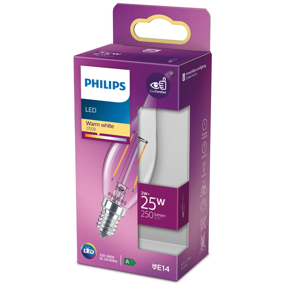 Philips LED Filament Lampe ersetzt 25W E14 Windstoßkerze - BA35 2W 250lm 27 günstig online kaufen