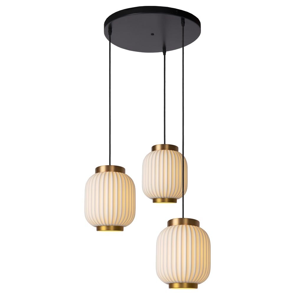 Lucide Gosse Hänge- & Pendellampe & Hängeleuchte Esszimmer Wohnzimmer Retro Weiß Gold-matt Porzellan Metall E27 3-flammig