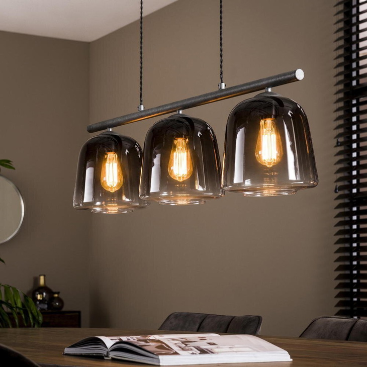 famlights | Pendelleuchte Corin in Schwarz-transparent und Altsilber E27 3-flammig verbunden