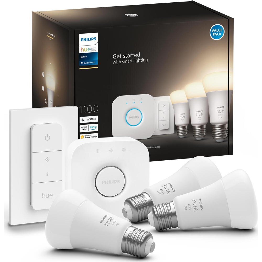 Philips Hue Starter-Set 3x Leuchtmittel E27 inkl. Dimmschalter und Hue Brid günstig online kaufen