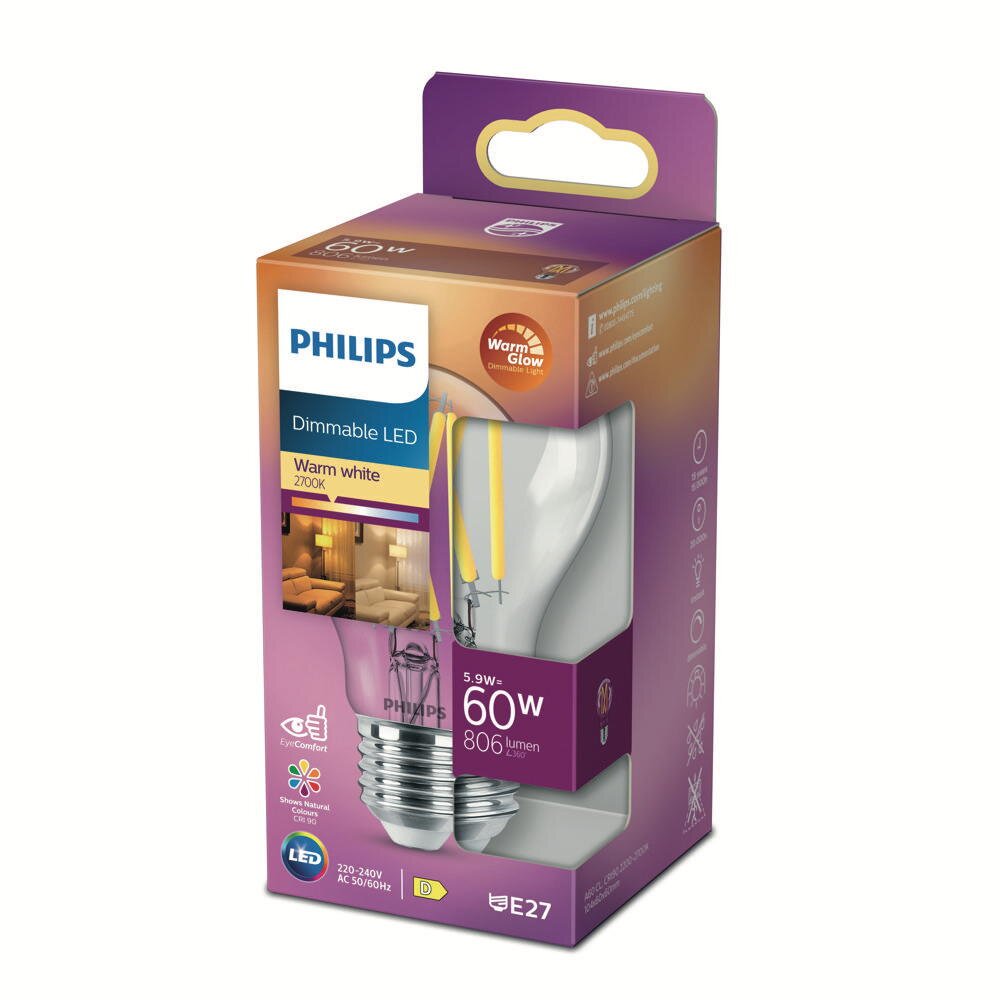 Philips LED Filament Lampe E27 Birne - A60 6W 810lm 2200-2700K dimmbar Eine günstig online kaufen