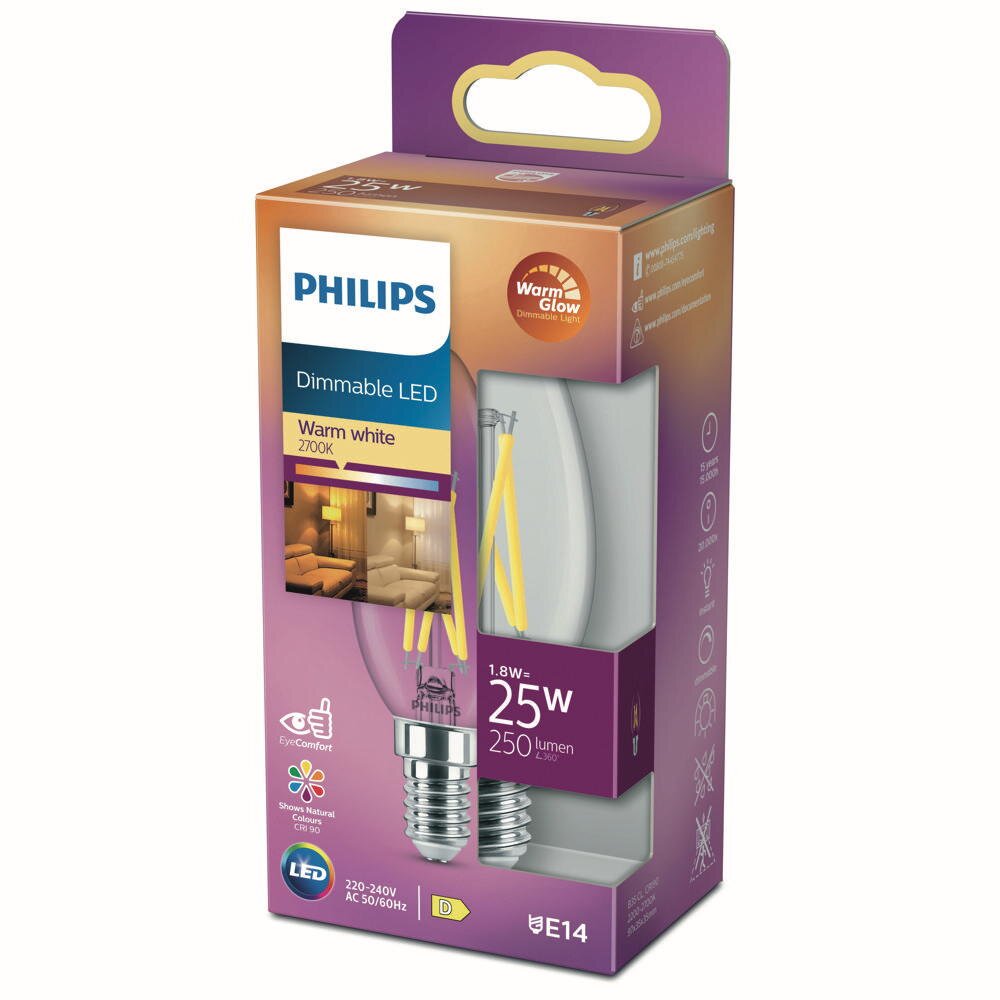 Philips LED Filament Lampe E14 Kerze - B35 2W 270lm 2200-2700K dimmbar Eine günstig online kaufen