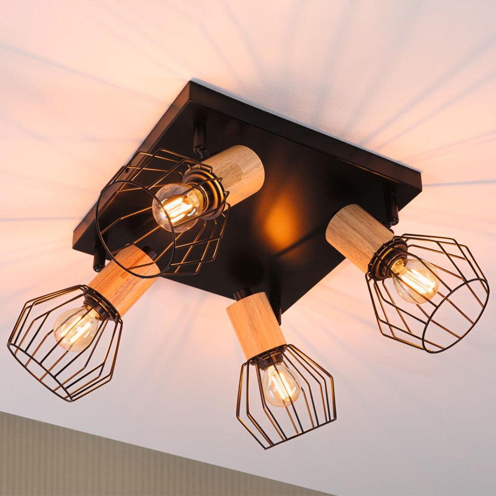 Paulmann Lanka Deckenlampe & Deckenbeleuchtung, Deckenlampe & Deckenlicht Wohnzimmer Esszimmer Flur Industriell Schwarz Holz E14 4-flammig