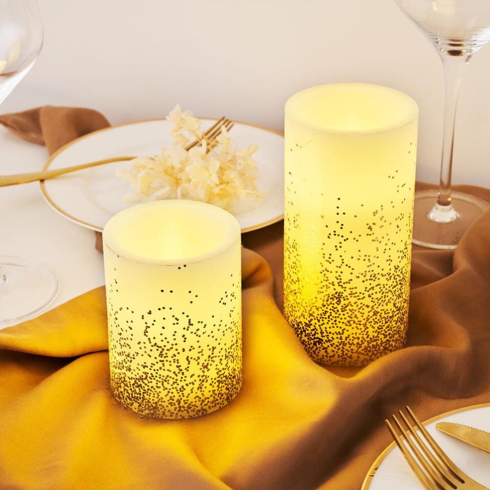 Pauleen LED-Kerze Golden Glitter (Set, 2-tlg), Wachskerze, Timer, elfenbein/Glitzer gold