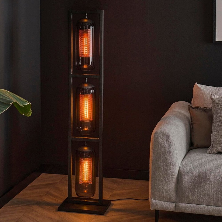 famlights | Stehleuchte Mio in Altsilber und Rauchglas E27 3-flammig