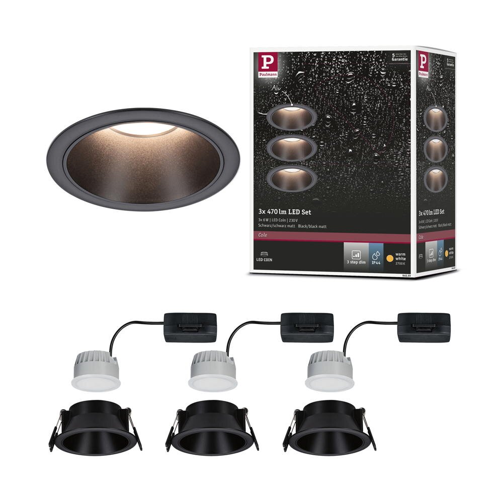 Paulmann Cole Coin Einbaustrahler & Einbauleuchte Badezimmer Küche LED IP44 schlicht Schwarz Aluminium Zink 3-flammig