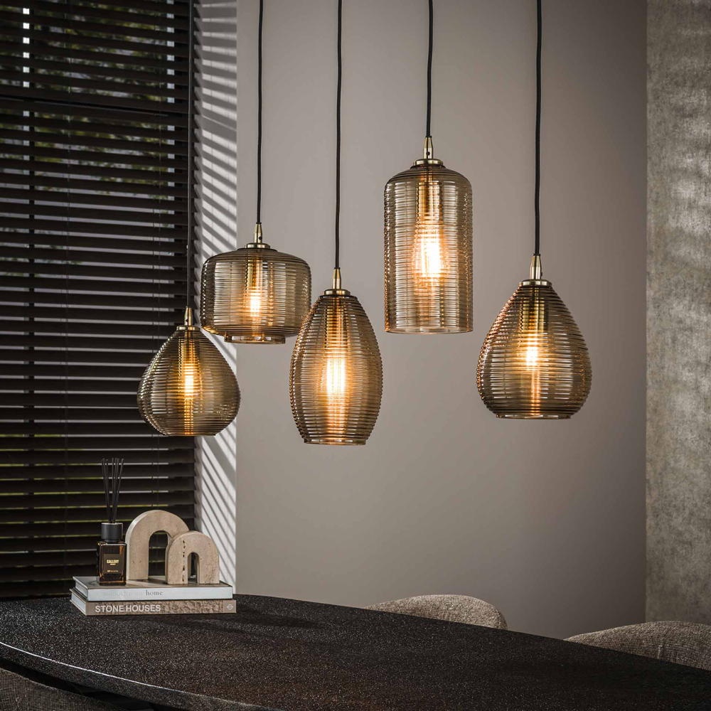 Famlights Alessa Hänge- & Pendellampe & Hängeleuchte Wohnzimmer Esszimmer modern Gold-transparent Schwarz Glas Metall E27 5-flammig