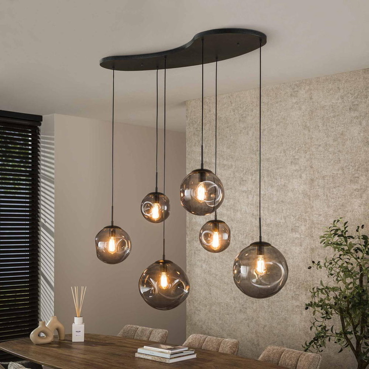 famlights | Pendelleuchte Debbie in Rauchglas und Schwarz E27 6-flammig