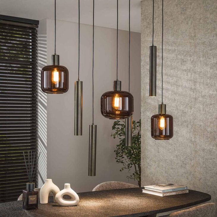 famlights | Pendelleuchte Fips in Braun E27 7-flammig