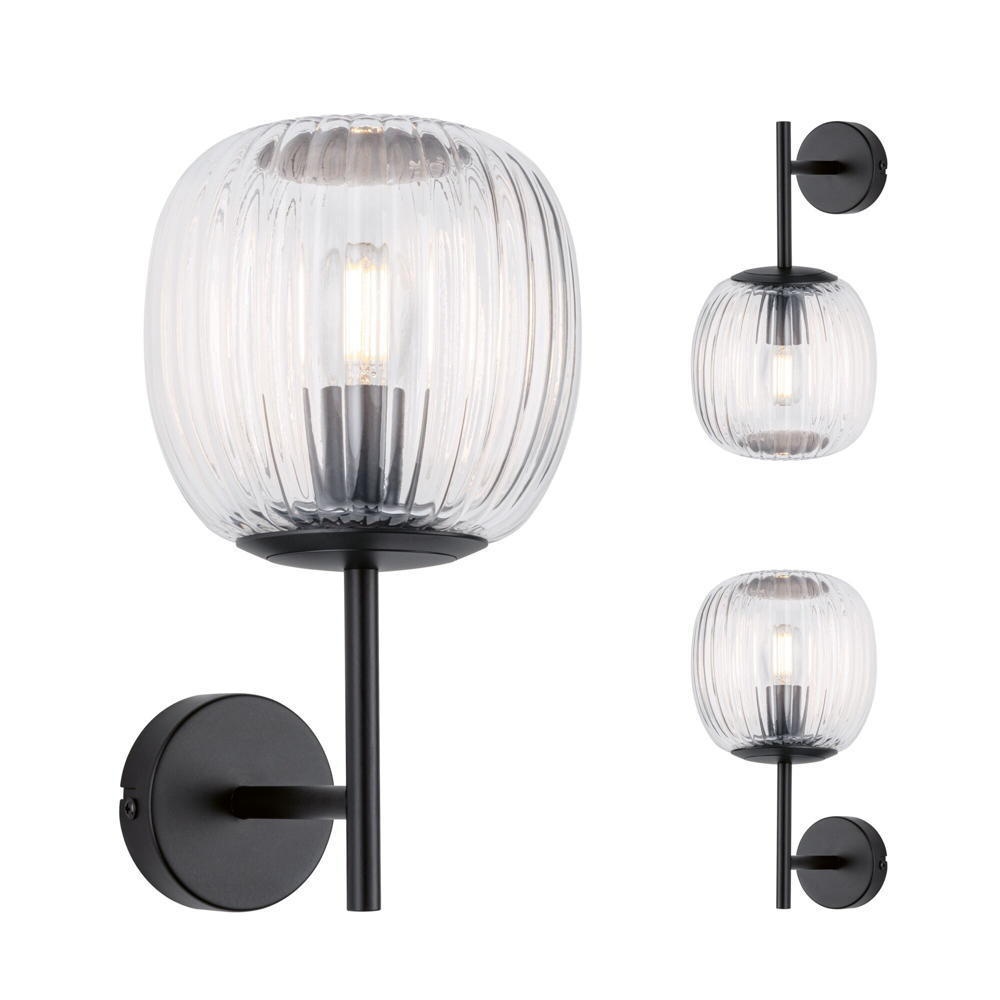 Paulmann Ruya Wandleuchte, Wandlampe & Wandlichter Badezimmer IP44 modern Transparent Schwarz-matt Glas Metall E14 1-flammig
